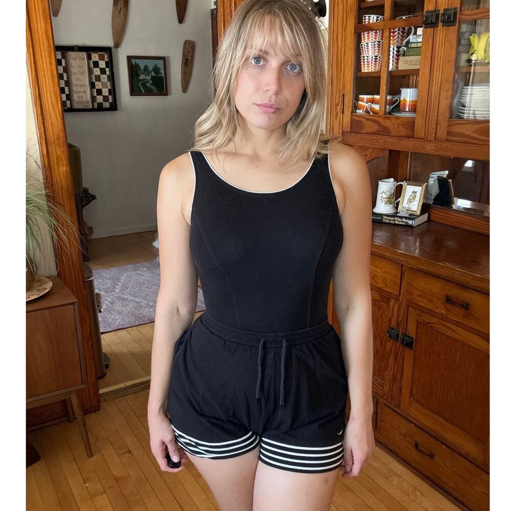 Vintage 80s Jantzen Cotton Nautical Black One Piece Shorts Swimsuit Modest